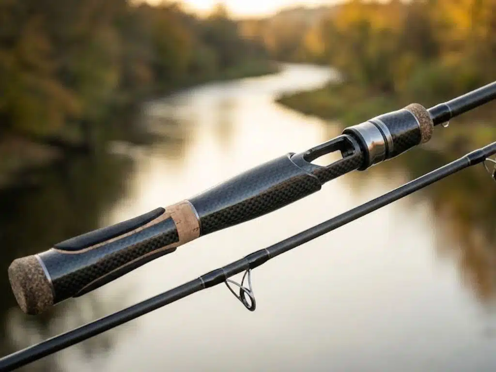 Top 10 Melhores Varas de Pesca de 2026: Qual Vale a Pena Comprar? 6 Detalhe técnico de uma das melhores varas de pesca de 2026, destacando a leveza do material e o design ergonômico.